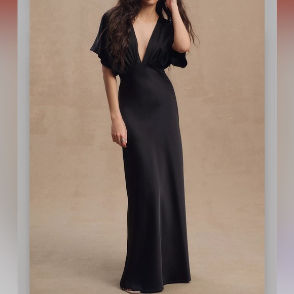 BHLDN Leila Deep-V Flutter Sleeve Satin A-Line Gown - Picture 1 of 9